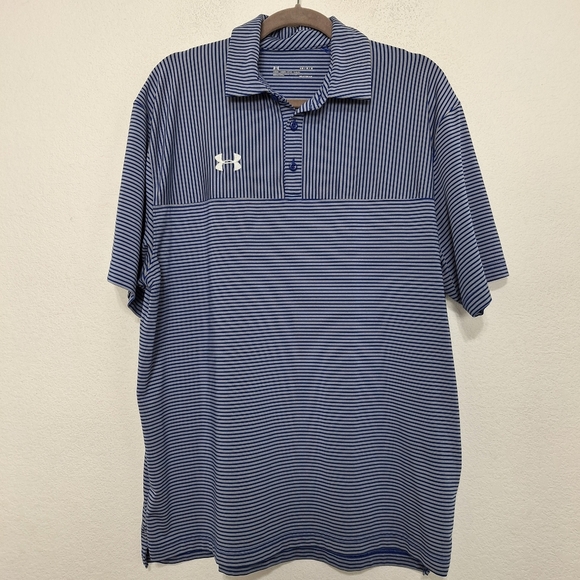 Under Armour Gorpcore HeatGear Men’s Blue Gray Striped Polo Shirt Size Large - Picture 1 of 11